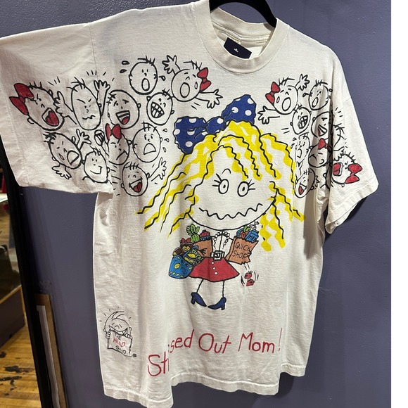 Screen Stars Tops - Vintage 90s Screen Stars Stressed Out Mom Single Stitch Graphic T-Shirt XL White